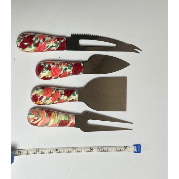 Floral Cheese Knife Set 4 Piece Stainless Steel Cutlery Red Rose - Picture 1 of 1
